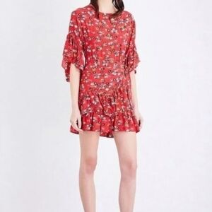 Maje Rahimi Red Floral Ruffle Detail Wrap Mini Dress